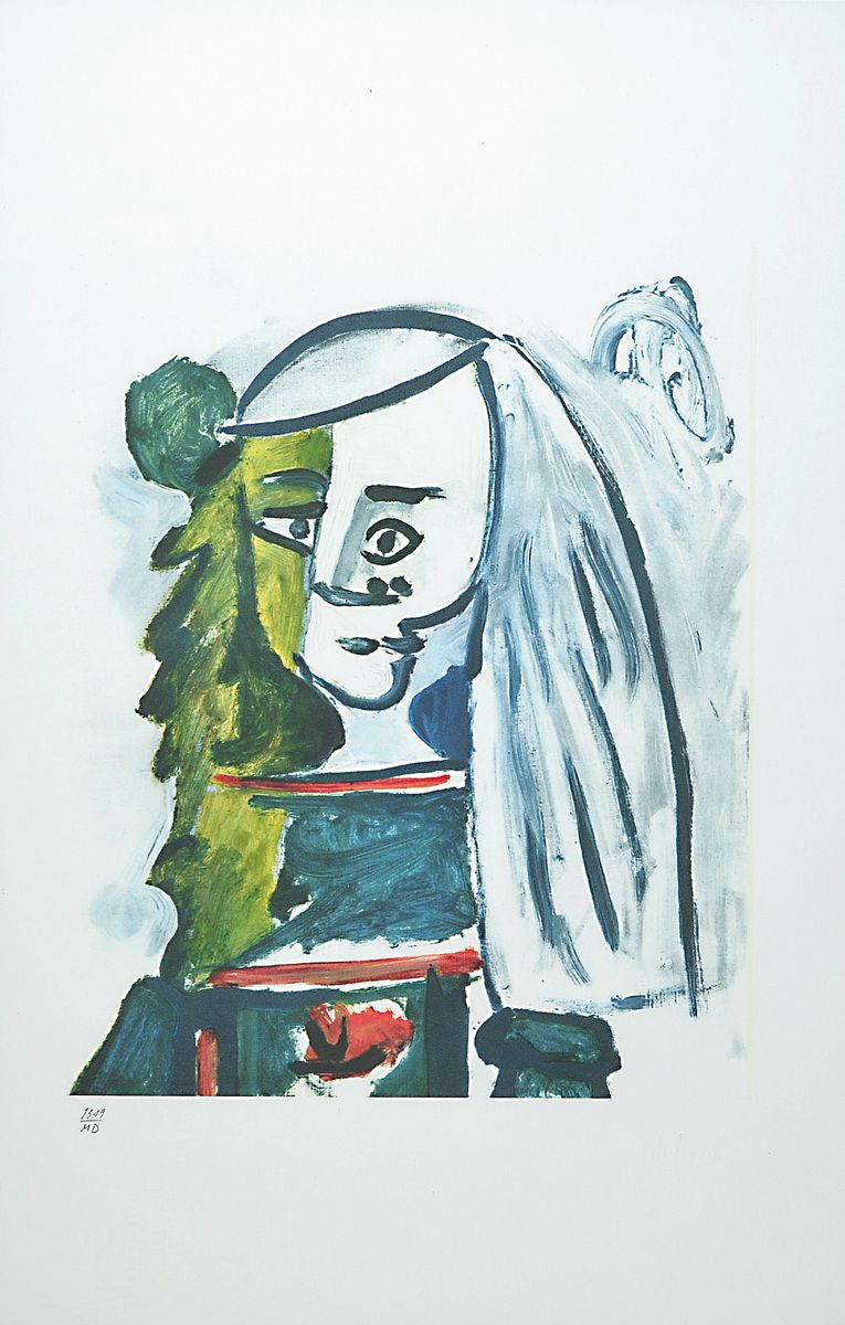 Pablo Picasso, 1881-1973, Porträt, Kunstdruck auf Bütten nach einem Gemälde, Prägestempel, limit. Auflage 1500 Exempl., hier Nr. 1319/MD, Edition ...