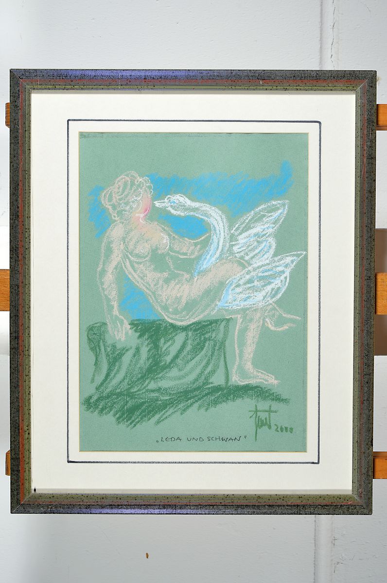 Detail k: Georg Günter Zeuner, 1923 Dresden-2011 Speyer, Leda und der Schwan, Pastell auf grünem Papier, signiert und dat. 2000, betitelt, ca.39x28cm, PP, ...