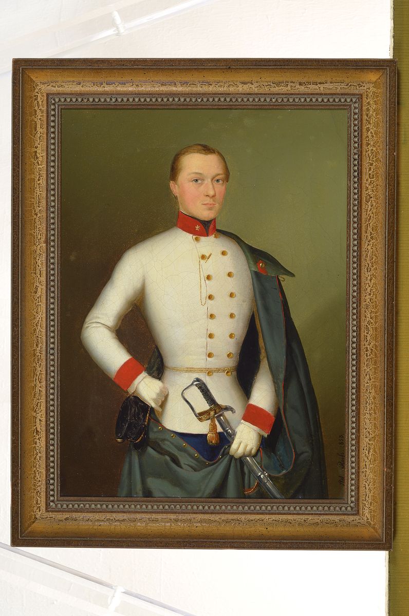 Detail k: Adolf Russ, 1820-1911, Dreiviertelporträt eines Offiziers, Öl/Lwd, seitlich rechts signiert und dat. 1853, ca. 35x26cm, R. Gesamtmaß ca. 41x33cm