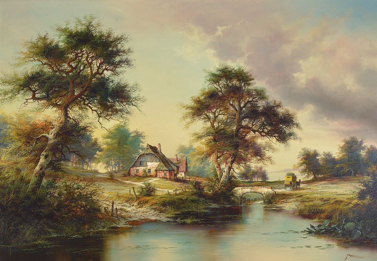 Heinz Stienen, 1918-2002, Landschaft mit Bauernhaus und Postkutsche, Öl/Lwd, rechts unten signiert, qualitätvolle lasierende Malerei, ca. 70x100cm, ...