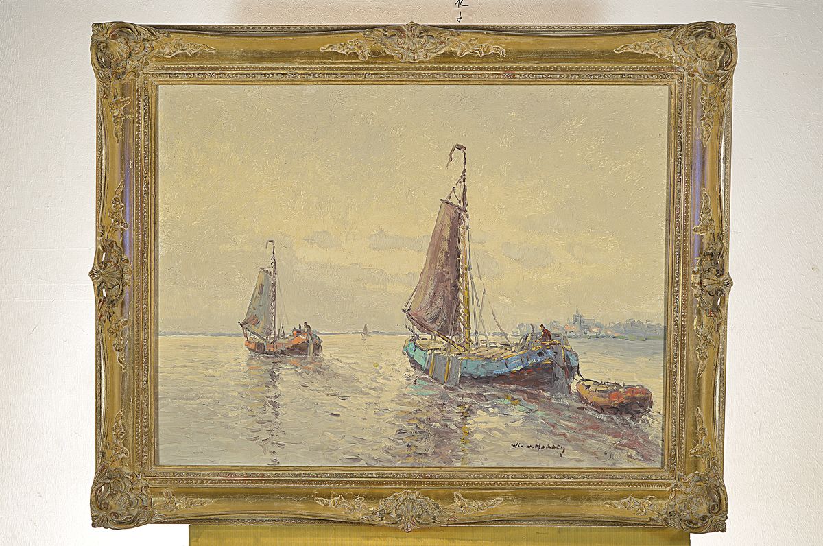 Detail k: Wim van der Norden, 1917-2001, Fischerboote auf ruhiger See, Öl/Lwd, links unten sign., ca. 60x80cm, R. ca. 76x96cm