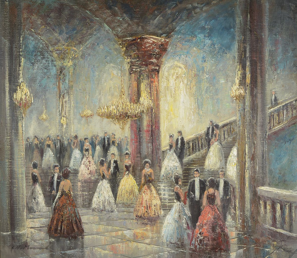 Unbekannter Künstler, Mitte 20. Jh., im Foyer des Ballsaals, Öl/Lwd, links unten unleserlich signiert, ca. 70x80cm, R. ca. 84x94cm