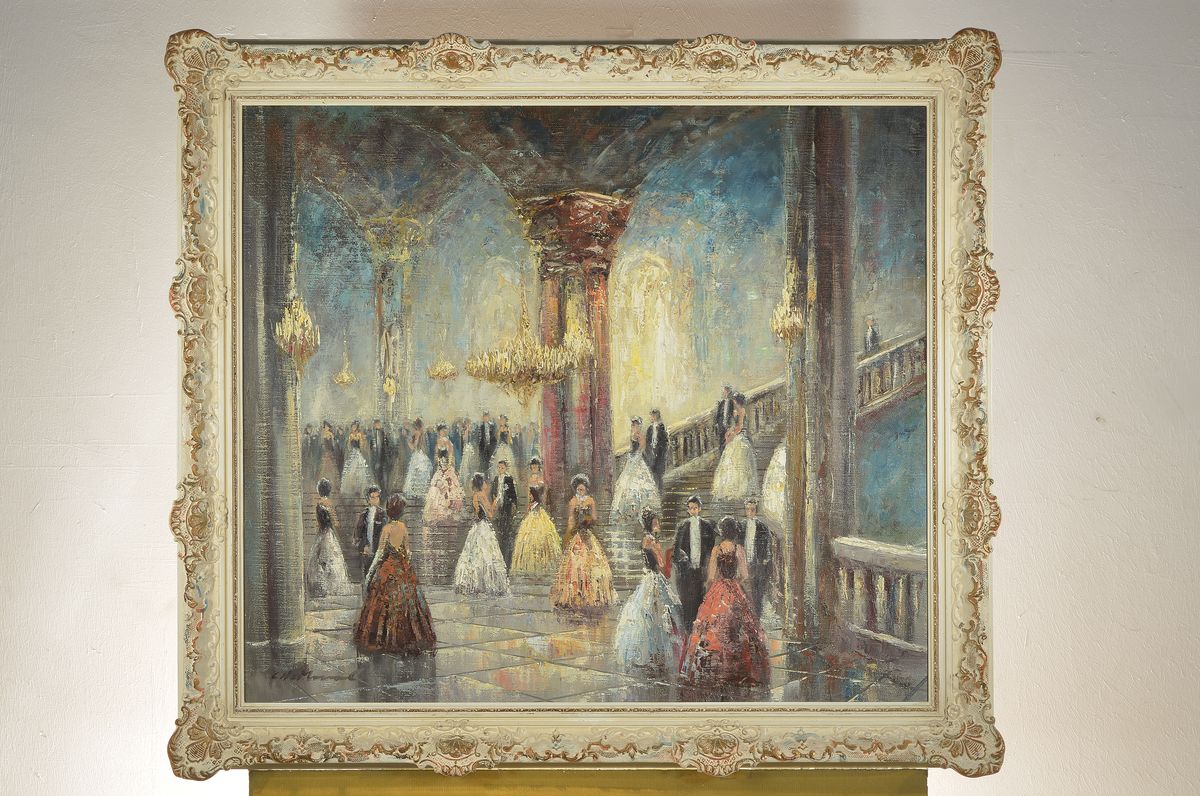 Detail k: Unbekannter Künstler, Mitte 20. Jh., im Foyer des Ballsaals, Öl/Lwd, links unten unleserlich signiert, ca. 70x80cm, R. ca. 84x94cm