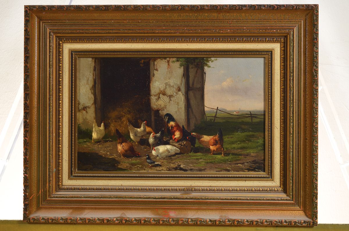 Detail k: Unbekannter Künstler der Münchener Schule, um 1900, Hühnerhof, feine lasierende Malerei, Öl/Holz, links unten unleserlich signiert, ca. 21x35cm, ...