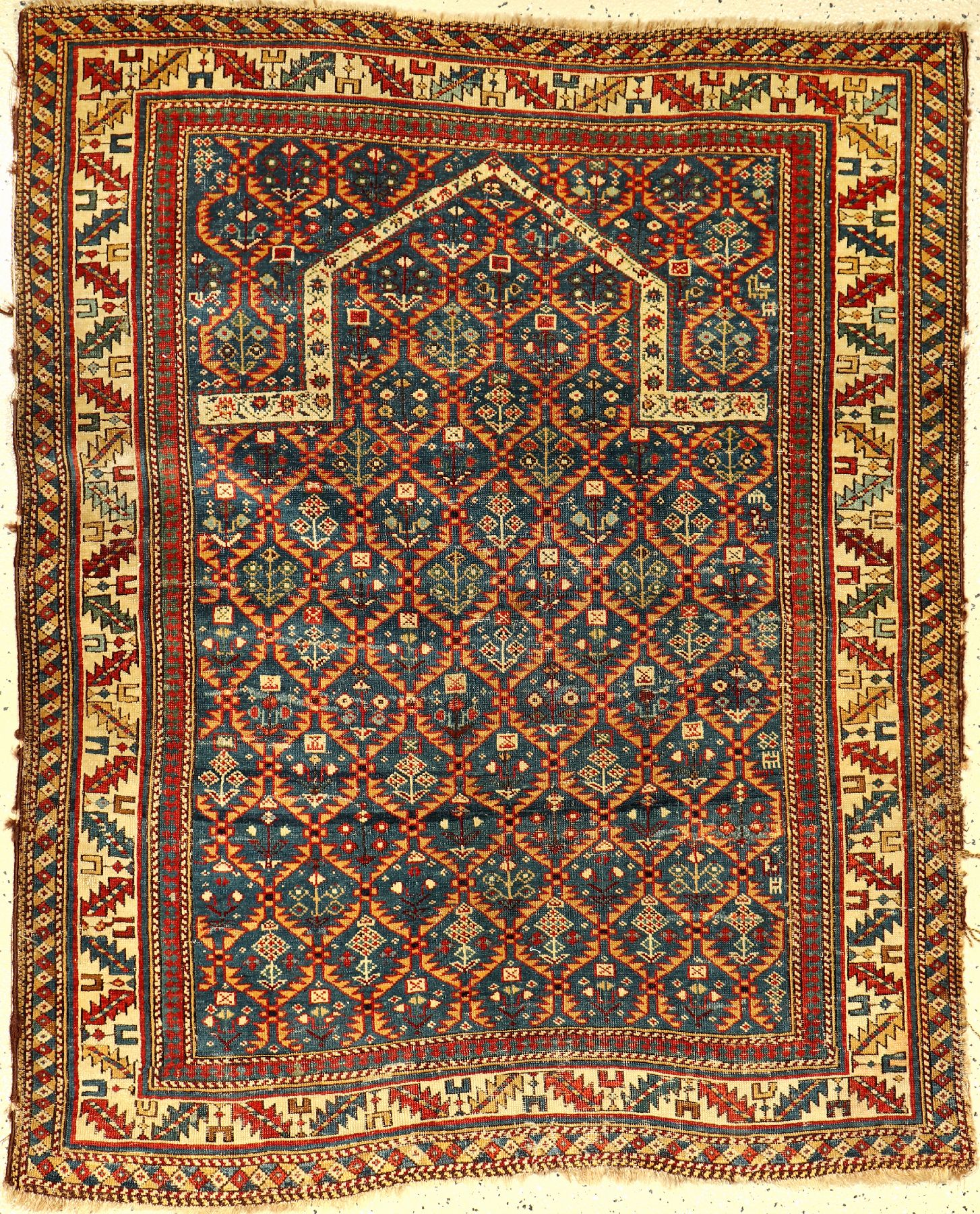 Kuba Schirwan Gebetsteppich, antik, Kaukasus, 19.Jhd., Wolle auf Wolle, ca. 140 x 110 cm, (Alters und Gebrauchsspuren), Sammlerstück