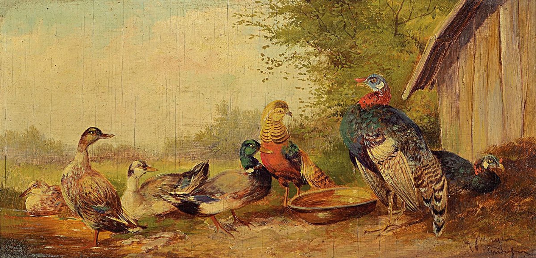 Max Hänger, 1874 München -1941 Fürstenfeldbruck, Federvieh vor dem Stall, Öl/Holz, rechts unten signiert, ca. 12x23cm/18x30cm, leicht krakeliert, ...