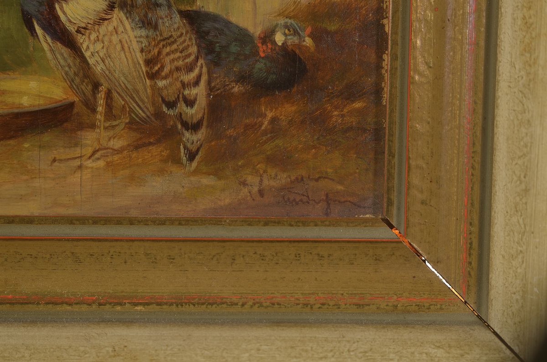 Detail c: Max Hänger, 1874 München -1941 Fürstenfeldbruck, Federvieh vor dem Stall, Öl/Holz, rechts unten signiert, ca. 12x23cm/18x30cm, leicht krakeliert, ...