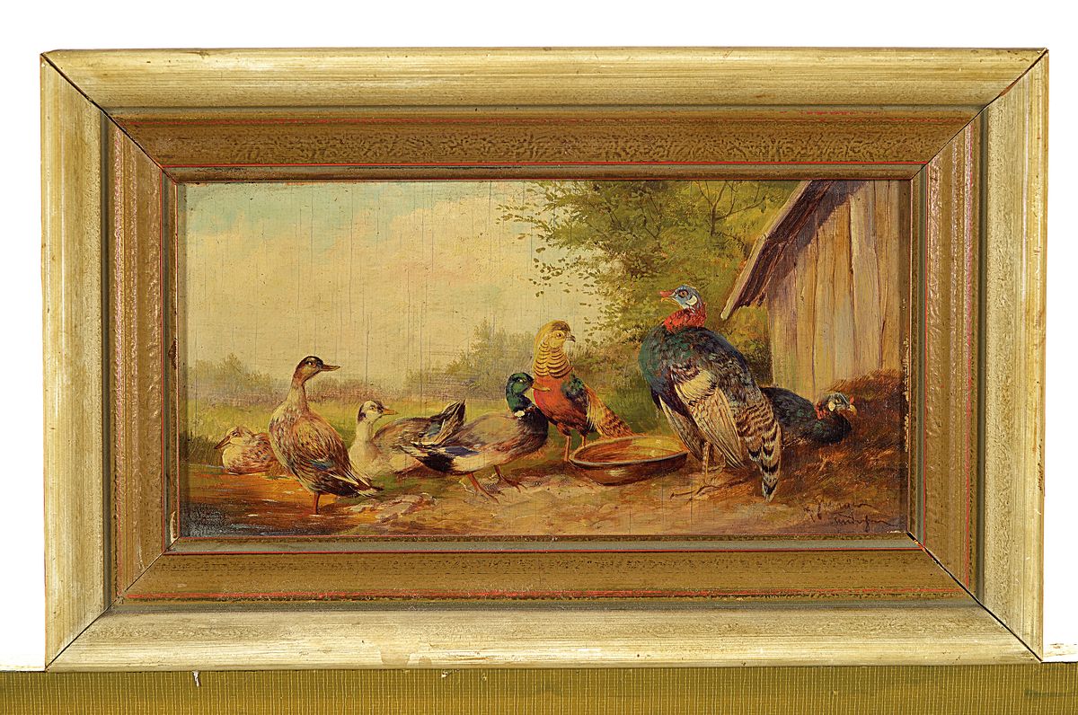 Detail k: Max Hänger, 1874 München -1941 Fürstenfeldbruck, Federvieh vor dem Stall, Öl/Holz, rechts unten signiert, ca. 12x23cm/18x30cm, leicht krakeliert, ...