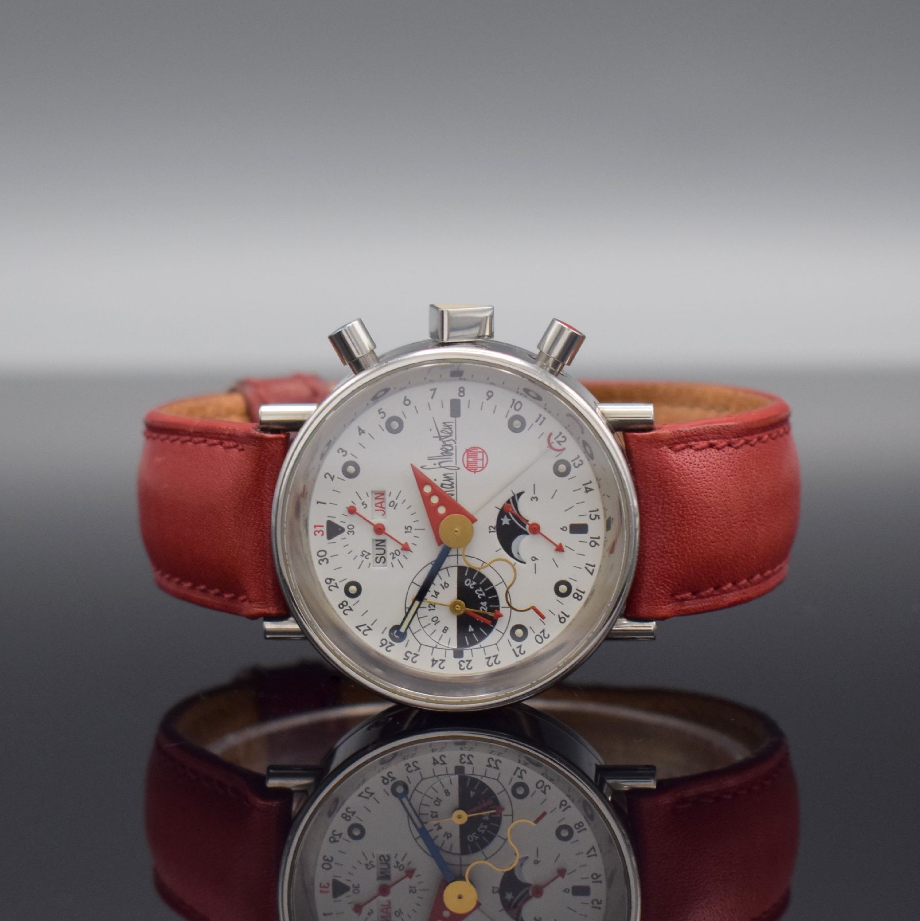 ALAIN SILBERSTEIN Armbandchronograph KRONO 2, Automatik, Frankreich um 1993, Edelstahl-geh. inkl. orig. Lederband, beids. vergl., Boden verschr., ...