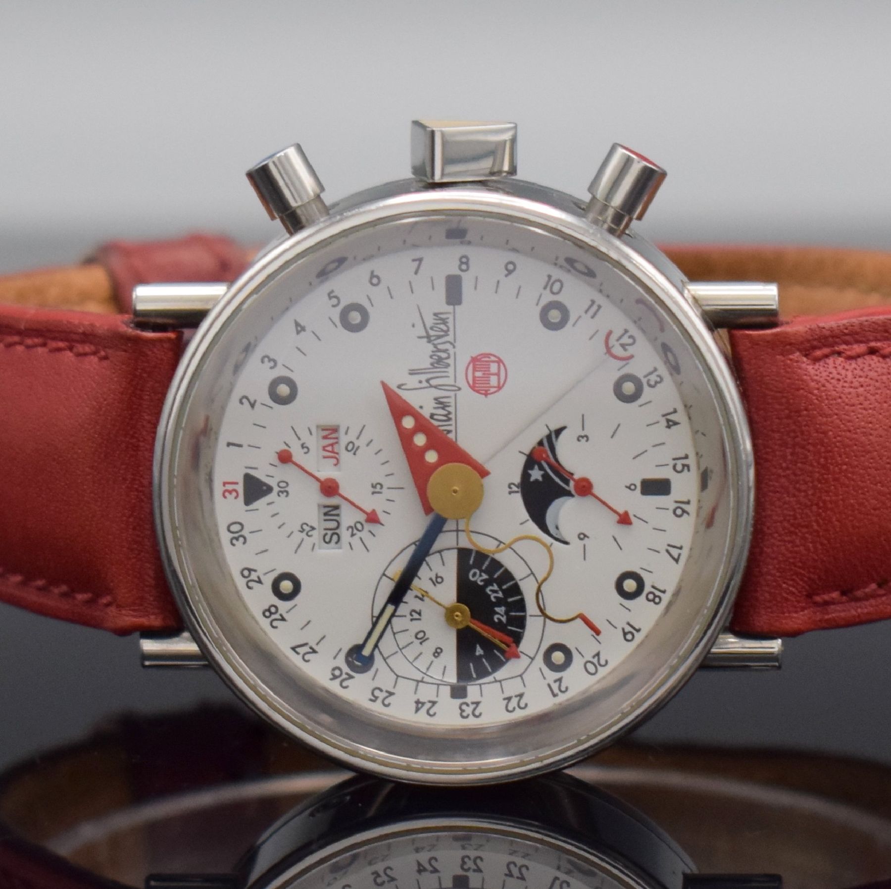 Detail a: ALAIN SILBERSTEIN Armbandchronograph KRONO 2, Automatik, Frankreich um 1993, Edelstahl-geh. inkl. orig. Lederband, beids. vergl., Boden verschr., ...