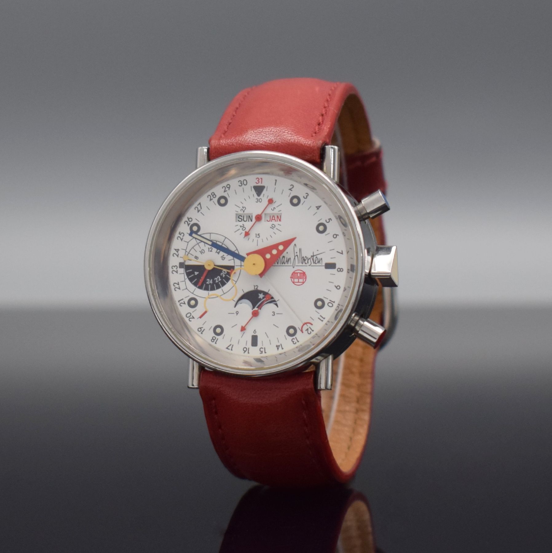 Detail b: ALAIN SILBERSTEIN Armbandchronograph KRONO 2, Automatik, Frankreich um 1993, Edelstahl-geh. inkl. orig. Lederband, beids. vergl., Boden verschr., ...