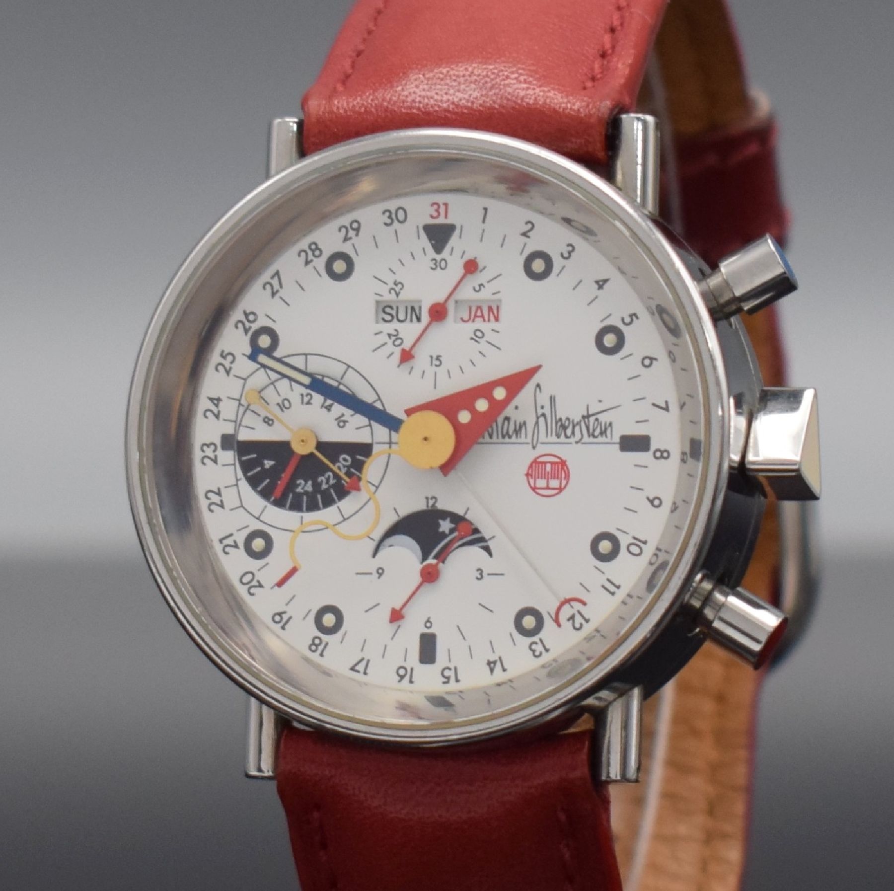 Detail c: ALAIN SILBERSTEIN Armbandchronograph KRONO 2, Automatik, Frankreich um 1993, Edelstahl-geh. inkl. orig. Lederband, beids. vergl., Boden verschr., ...