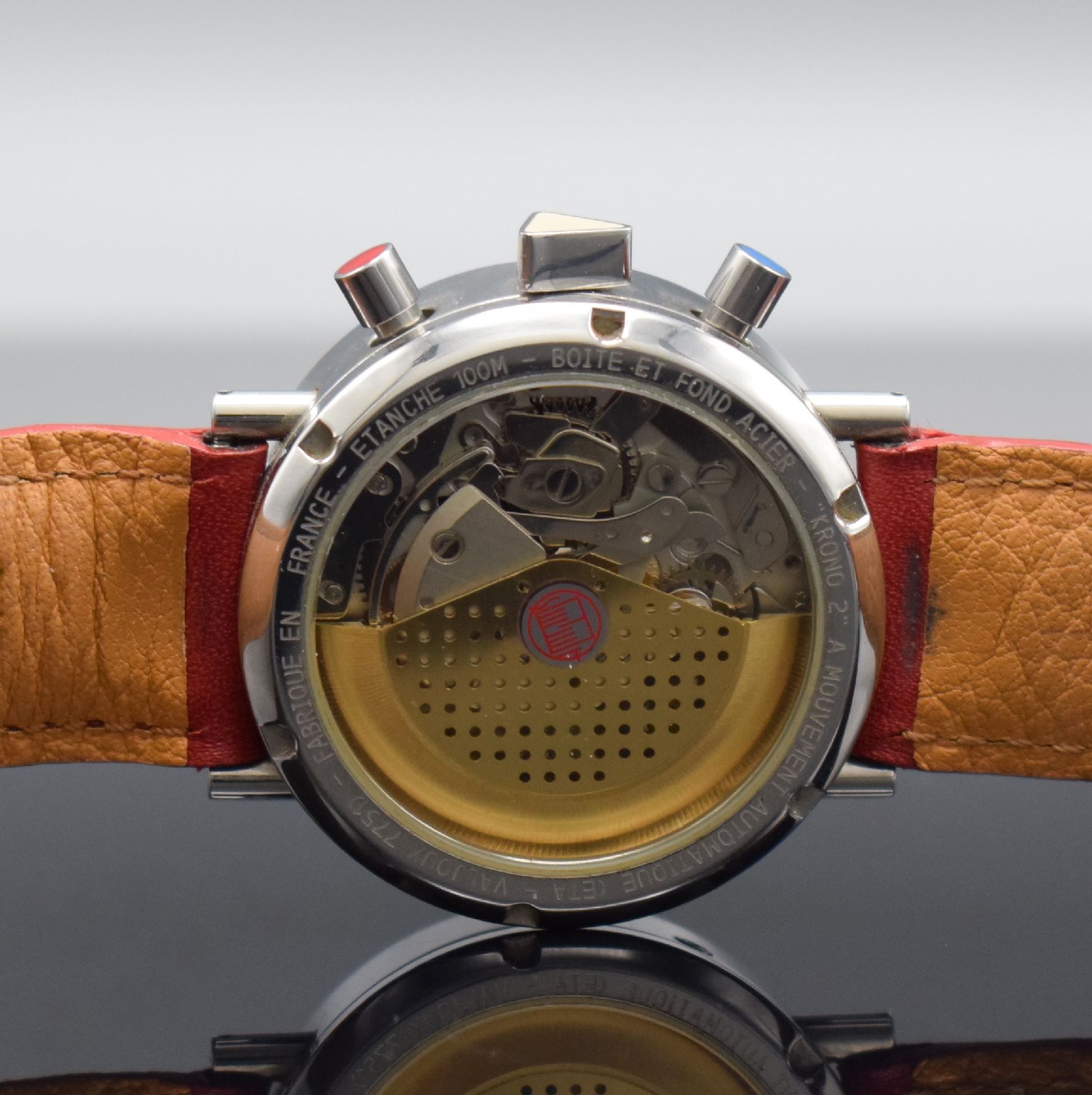 Detail e: ALAIN SILBERSTEIN Armbandchronograph KRONO 2, Automatik, Frankreich um 1993, Edelstahl-geh. inkl. orig. Lederband, beids. vergl., Boden verschr., ...