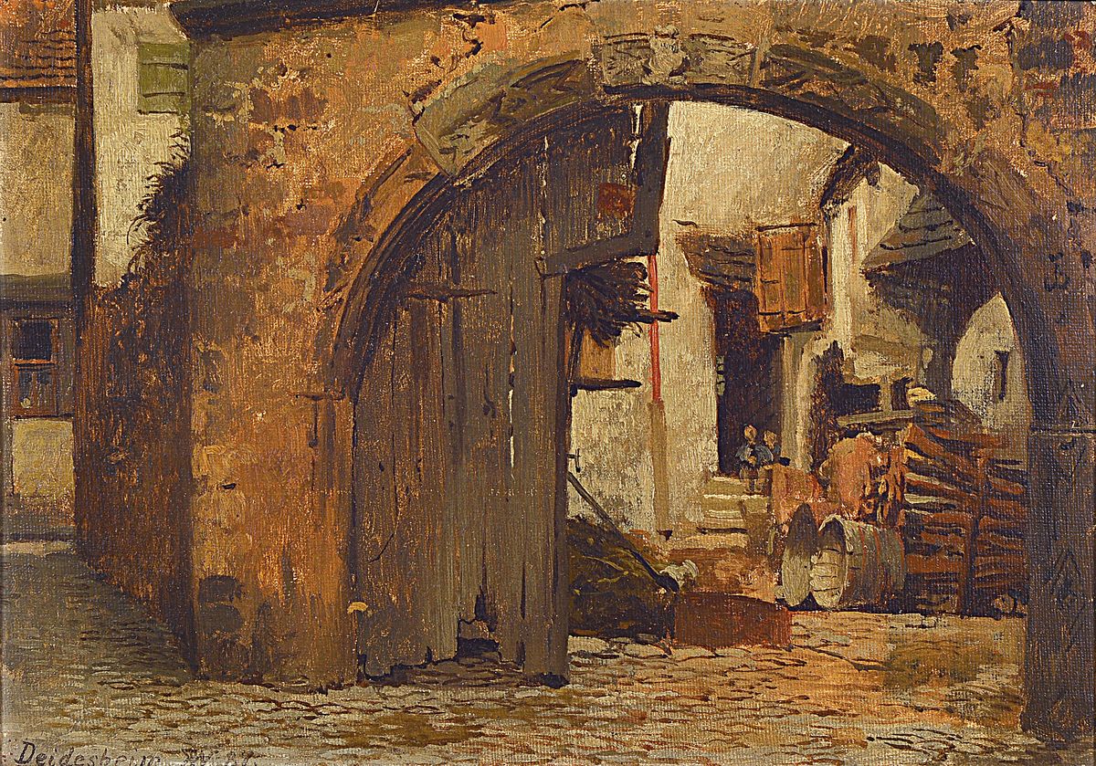 Karl Weysser, 1833 Durlach-1904 Heidelberg, Deidesheim, Blick durch ein halb geöffnetes Tor in den Innenhof eines Gehöftes, Öl/ Malkarton, links ...