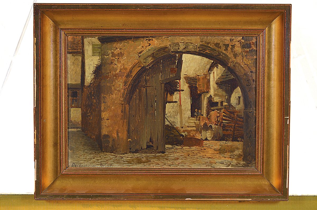 Detail k: Karl Weysser, 1833 Durlach-1904 Heidelberg, Deidesheim, Blick durch ein halb geöffnetes Tor in den Innenhof eines Gehöftes, Öl/ Malkarton, links ...