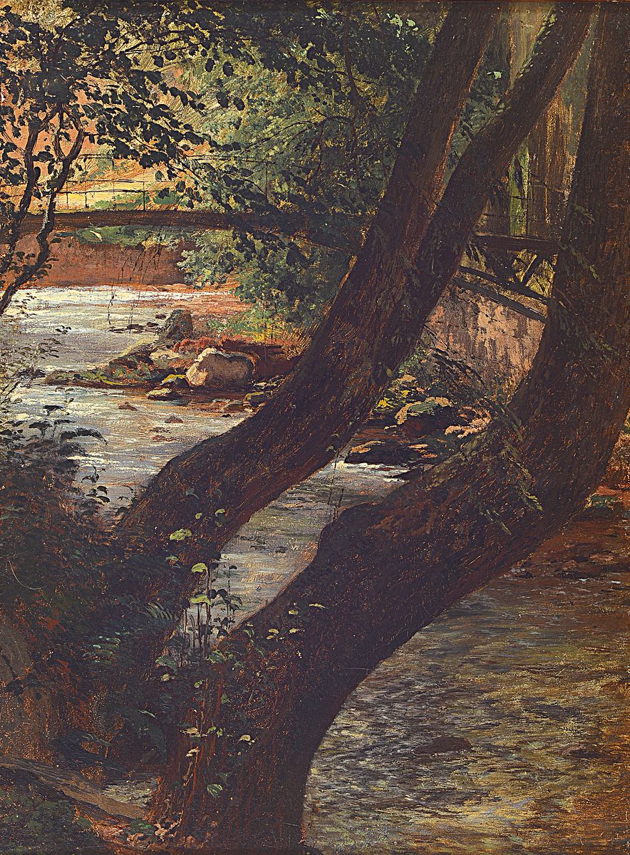 Karl Weysser, 1833 Durlach-1904 Heidelberg, Eisensteg über die Enz (Wildbad), Öl/ Malkarton, unsigniert, ca. 31.5x24cm, R., WVZ Benno Lehmann: Karl ...