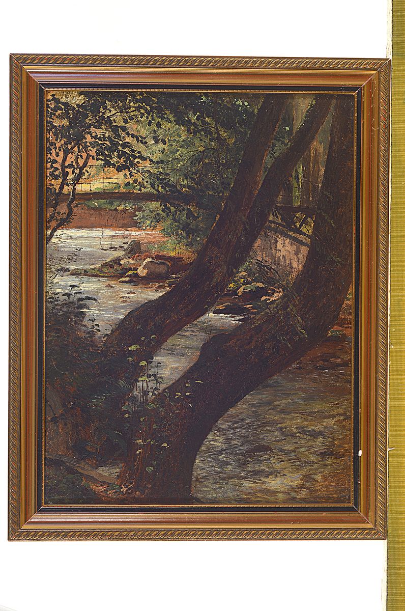 Detail k: Karl Weysser, 1833 Durlach-1904 Heidelberg, Eisensteg über die Enz (Wildbad), Öl/ Malkarton, unsigniert, ca. 31.5x24cm, R., WVZ Benno Lehmann: Karl ...