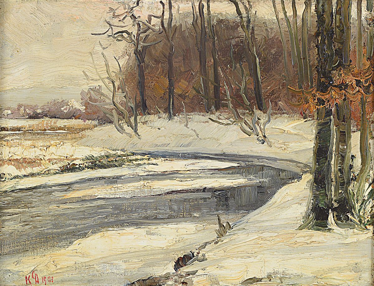 Karl Dussault, 1840 Karlsruhe-1930, Studium an der Akademie Karlsruhe, hier: Verschneite Winterlandschaft mit Bach, Öl/Malkarton, links unten bez.: ...