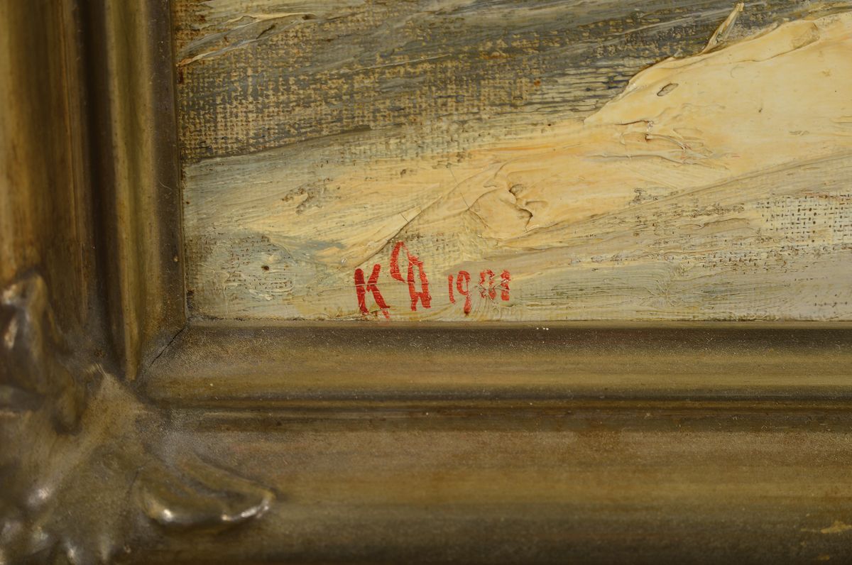 Detail a: Karl Dussault, 1840 Karlsruhe-1930, Studium an der Akademie Karlsruhe, hier: Verschneite Winterlandschaft mit Bach, Öl/Malkarton, links unten bez.: ...