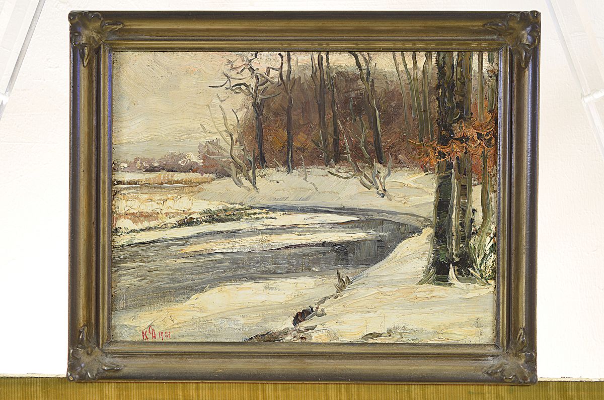 Detail k: Karl Dussault, 1840 Karlsruhe-1930, Studium an der Akademie Karlsruhe, hier: Verschneite Winterlandschaft mit Bach, Öl/Malkarton, links unten bez.: ...