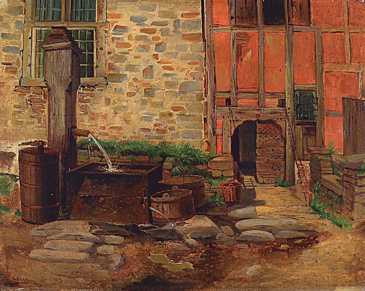August Hörter, 1834 Elberfeld-1906 Karlsruhe, Innenhof mit Brunnen, Öl/Malkarton, links unten Stempelsignatur, rückseitig Nachlaßstempel, ca. ...