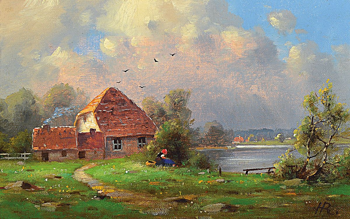 Monogrammist HR, um 1910-20, Bauernhaus am Seeufer, Öl/Lwd, rechts unten monogr., ca. 16x26cm, R. ca. 32x42cm