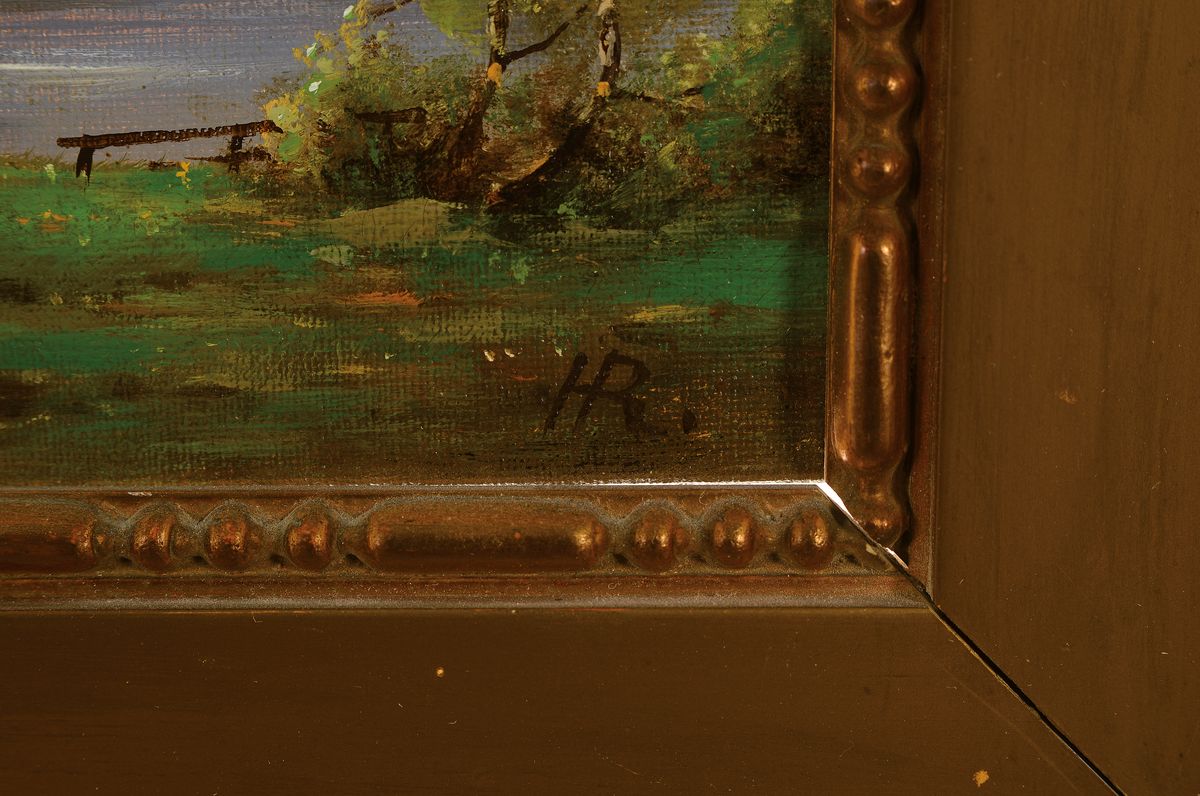 Detail a: Monogrammist HR, um 1910-20, Bauernhaus am Seeufer, Öl/Lwd, rechts unten monogr., ca. 16x26cm, R. ca. 32x42cm