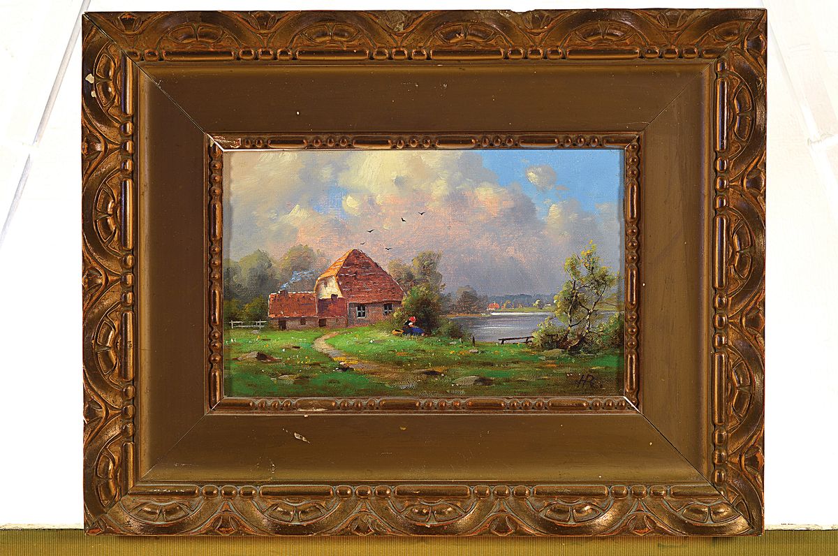 Detail k: Monogrammist HR, um 1910-20, Bauernhaus am Seeufer, Öl/Lwd, rechts unten monogr., ca. 16x26cm, R. ca. 32x42cm