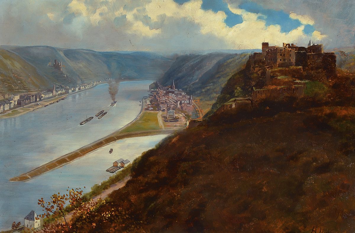 H. Hoffmann, um 1900, Blick auf Burg Rheinfels bei St. Goar, Öl/Malkarton, rechts unten signiert, ca. 37x55cm, Prunkrahmen ca. 62x79cm