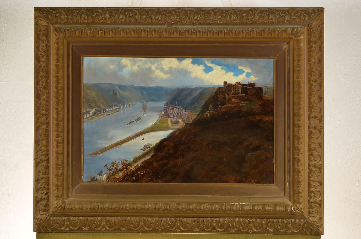 Detail k: H. Hoffmann, um 1900, Blick auf Burg Rheinfels bei St. Goar, Öl/Malkarton, rechts unten signiert, ca. 37x55cm, Prunkrahmen ca. 62x79cm
