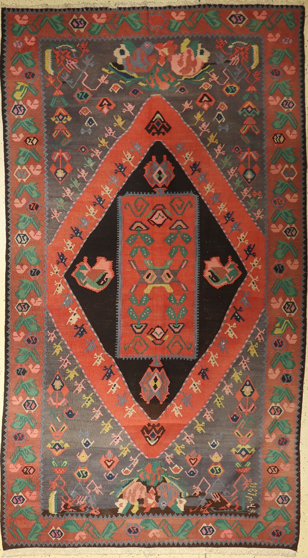 Karabagh Kelim alt, Kaukasus, um 1937 Datiert, Wolle auf Baumwolle, ca. 287 x 159 cm, Signiert, EHZ: 2-3