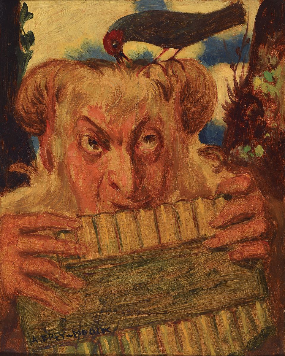 Alfred Frey-Mook, 1881 Zürich - 1950, Pan mit Flöte, li. u. signiert, Öl/Karton, ca. 30 x 24 cm, Rahmen: 38 x 32 cm, l. Altersspuren