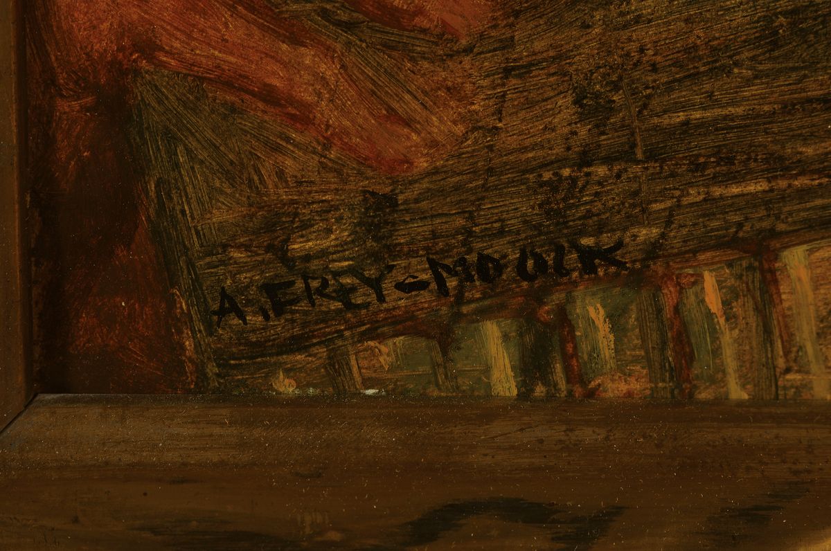 Detail a: Alfred Frey-Mook, 1881 Zürich - 1950, Pan mit Flöte, li. u. signiert, Öl/Karton, ca. 30 x 24 cm, Rahmen: 38 x 32 cm, l. Altersspuren