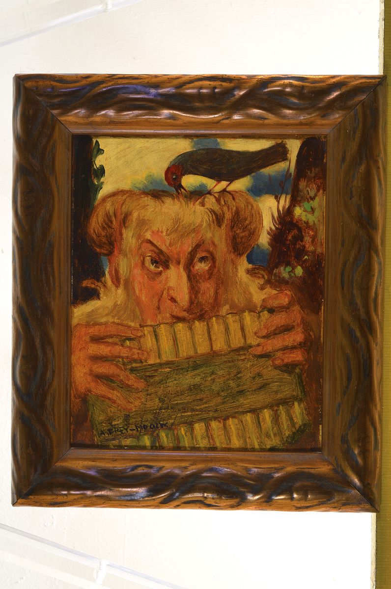 Detail k: Alfred Frey-Mook, 1881 Zürich - 1950, Pan mit Flöte, li. u. signiert, Öl/Karton, ca. 30 x 24 cm, Rahmen: 38 x 32 cm, l. Altersspuren