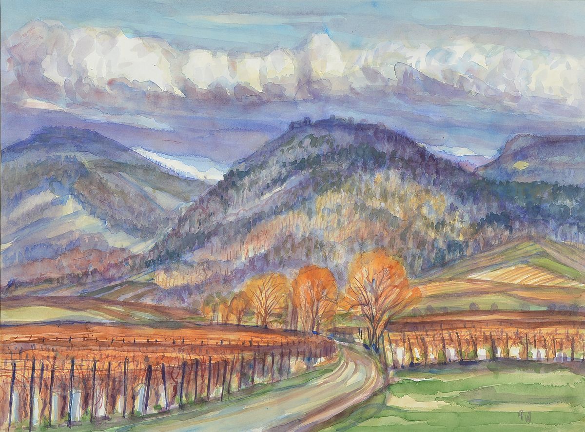 Paul Wolfgang Schmidt, zeitgen. Künstler aus Neustadt/Wstr., Landschaft an der Haardt, Aquarell auf Papier, monogrammiert PW, ca. 44x60cm, PP, ...