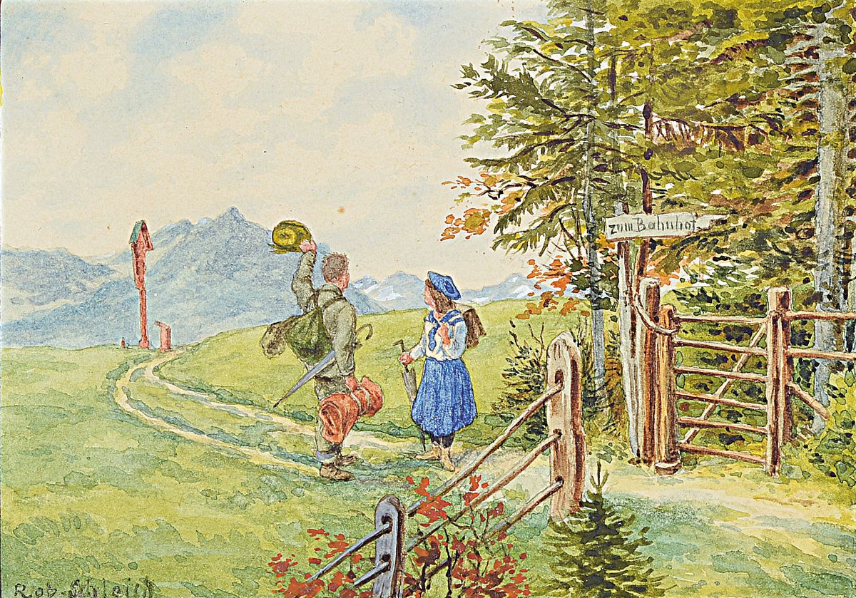 Robert Schleich, 1845 München - 1934, Abschied, Aquarell auf Papier, li. unten signiert Rob. Schleich, ca. 10.5 x 14.5 cm, unter Glas, Rahmen, 21 x ...