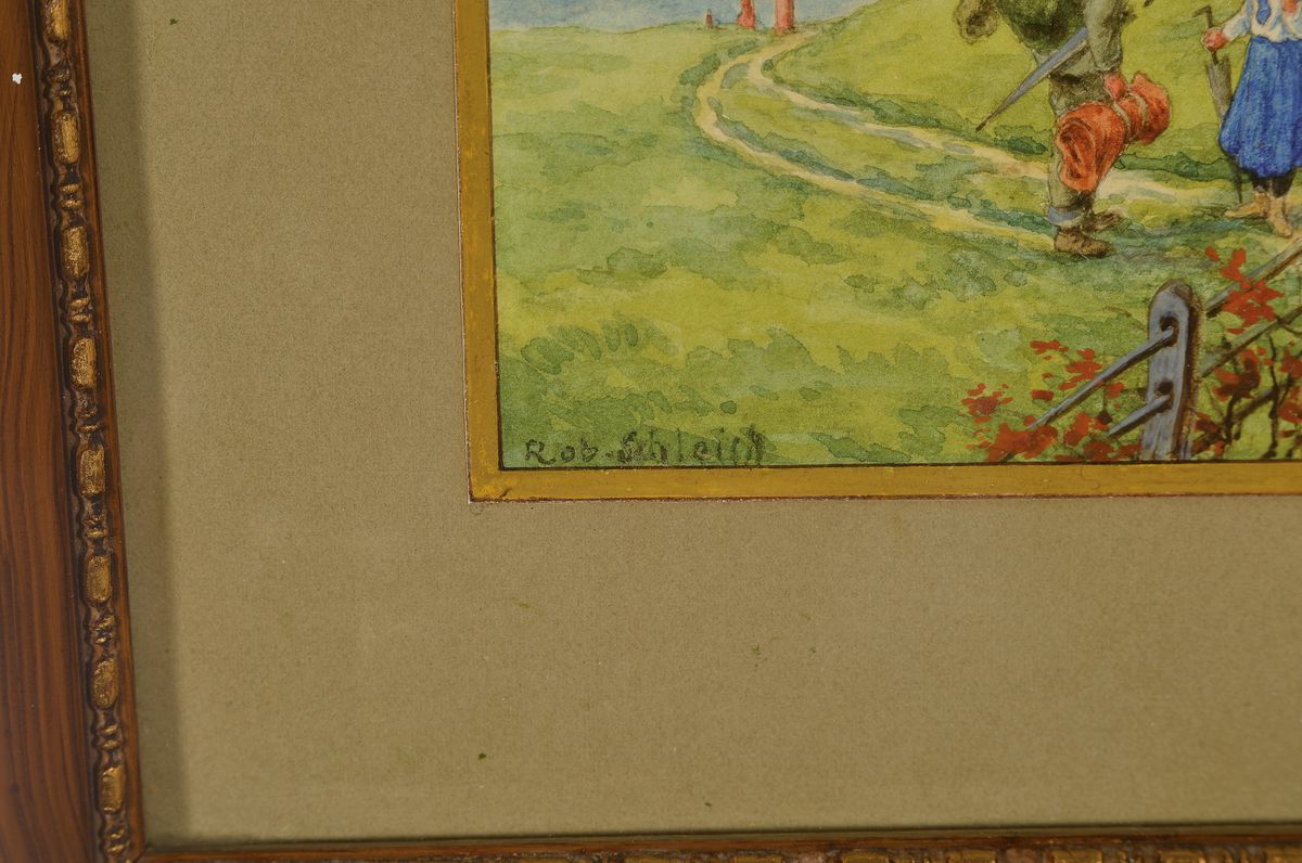 Detail a: Robert Schleich, 1845 München - 1934, Abschied, Aquarell auf Papier, li. unten signiert Rob. Schleich, ca. 10.5 x 14.5 cm, unter Glas, Rahmen, 21 x ...