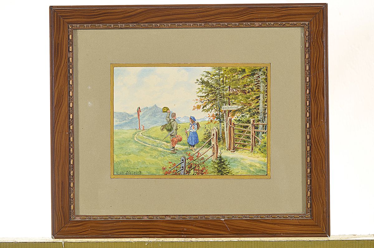 Detail k: Robert Schleich, 1845 München - 1934, Abschied, Aquarell auf Papier, li. unten signiert Rob. Schleich, ca. 10.5 x 14.5 cm, unter Glas, Rahmen, 21 x ...