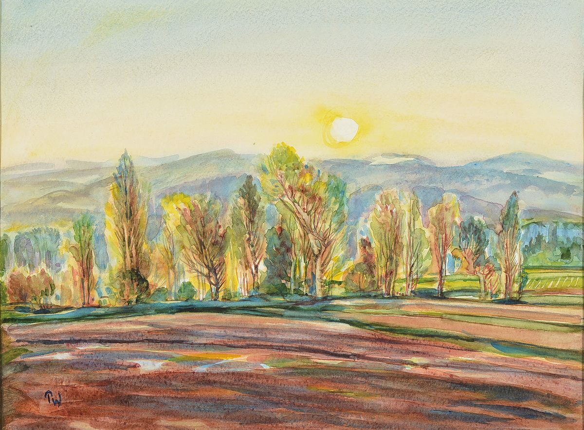 Paul Wolfgang Schmidt, zeitgen. Künstler aus Neustadt/Wstr., Landschaft mit Pappeln, Aquarell auf Papier, monogrammiert PW, ca. 36x48cm, PP, u.Gl., ...