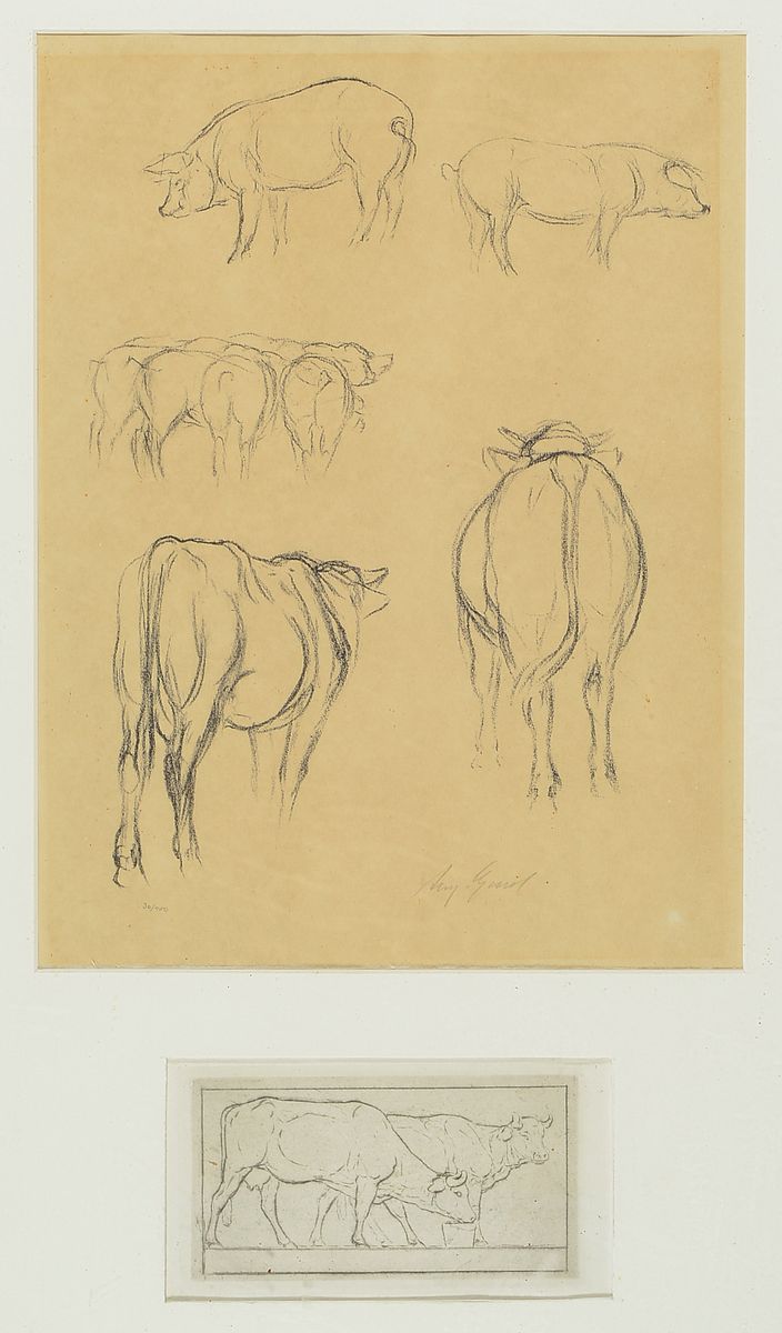August Gaul, 1869 Großauheim - 1921 Berlin, berühmter Tierbildhauer, national und international vertreten, hier: Originalzeichenblatt mit Schweine- ...