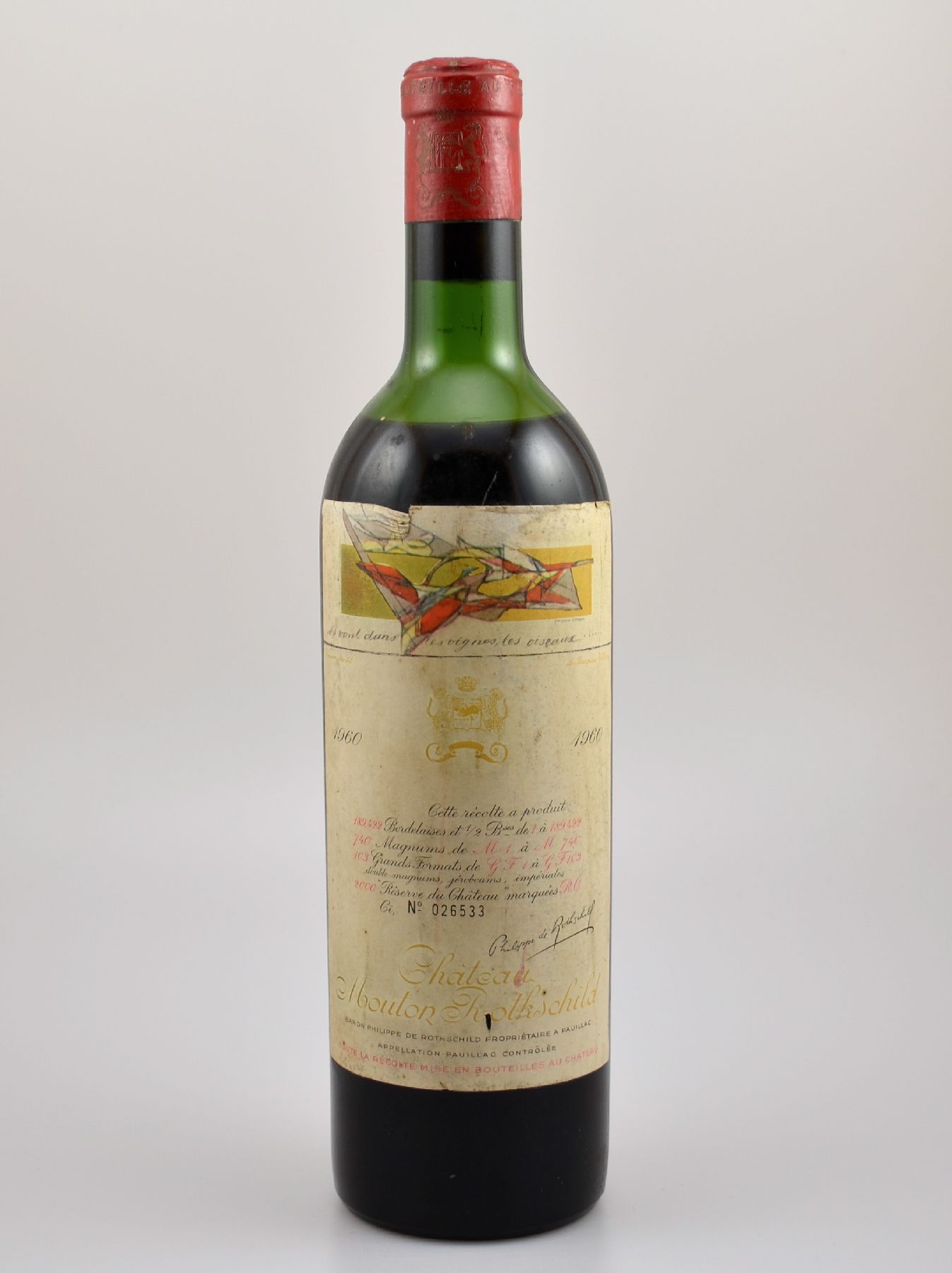 1 Flasche 1960 Chateau Mouton Rothschild, Füllstand: ca. mid shoulder, Etikett l. beschmutzt bzw. besch., Künstleretikett von Jacques Villon, ...