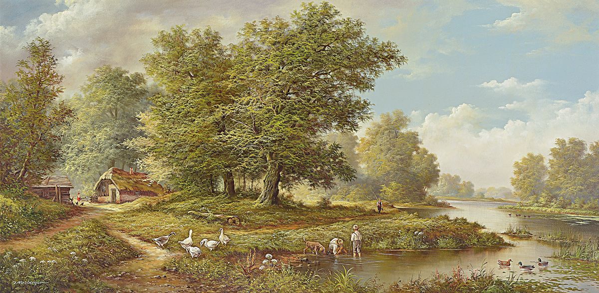 Herbert Neuberger, 1926 Halle, Ländliche Idylle am Bach, Öl/Lwd, li. u. signiert, mit Gemäldebrief der Galerie Vogel, wurde 1986 gekauft, ca. 50 x ...