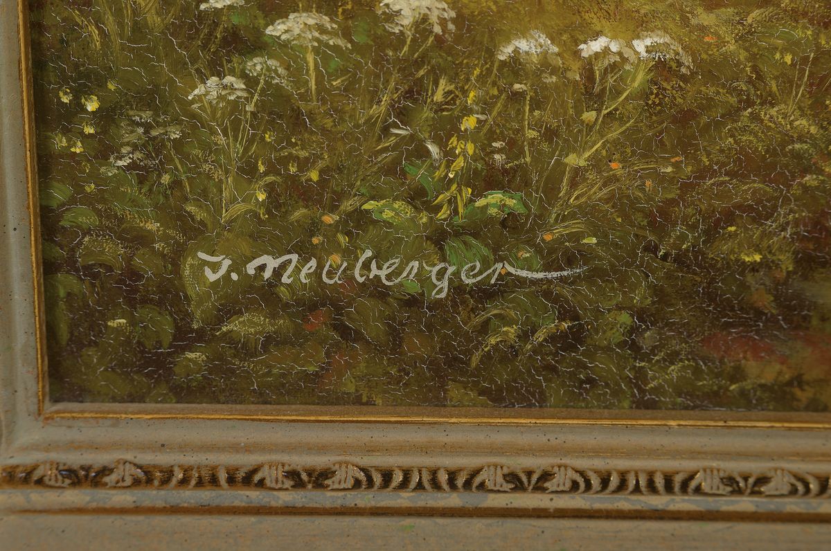 Detail a: Herbert Neuberger, 1926 Halle, Ländliche Idylle am Bach, Öl/Lwd, li. u. signiert, mit Gemäldebrief der Galerie Vogel, wurde 1986 gekauft, ca. 50 x ...