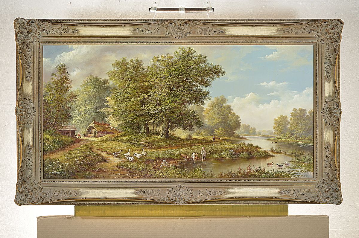 Detail k: Herbert Neuberger, 1926 Halle, Ländliche Idylle am Bach, Öl/Lwd, li. u. signiert, mit Gemäldebrief der Galerie Vogel, wurde 1986 gekauft, ca. 50 x ...