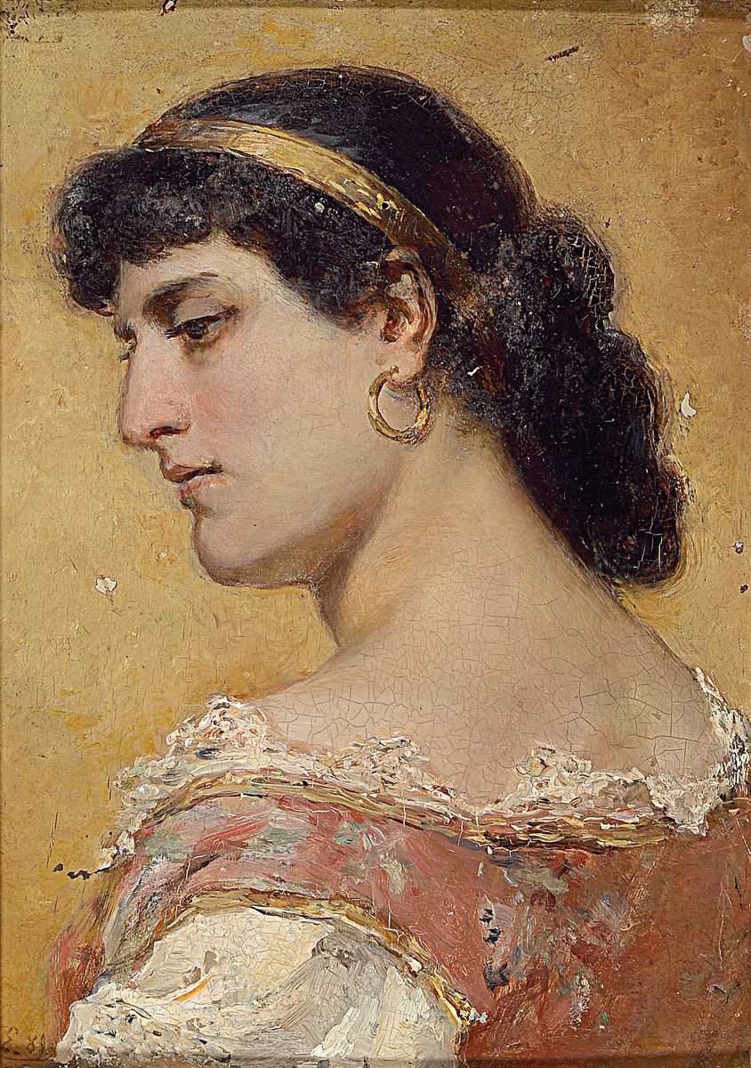 Monogrammist H.E., datiert (18)89, Porträt einer jungen Römerin, Öl/Holz, links unten signiert und dat., ca. 28x20cm, ca. 40x32cm