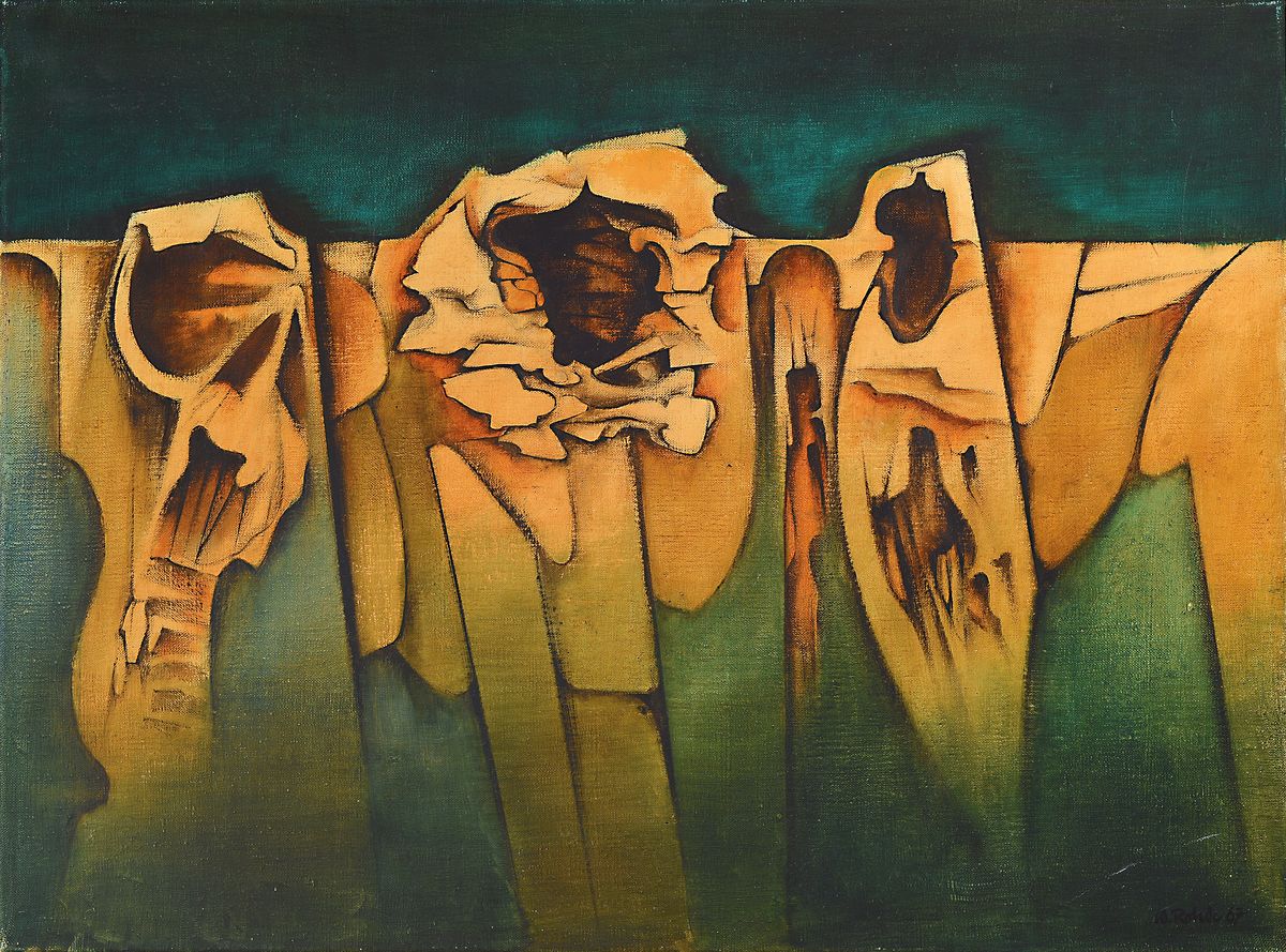 Werner Rohde, Bremen 1906 - 1990 Worpswede, Malerklasse Burg Giebichenstein, Klagemauer, li. u. signiert, 55 x 74 cm, l. Altersspuren