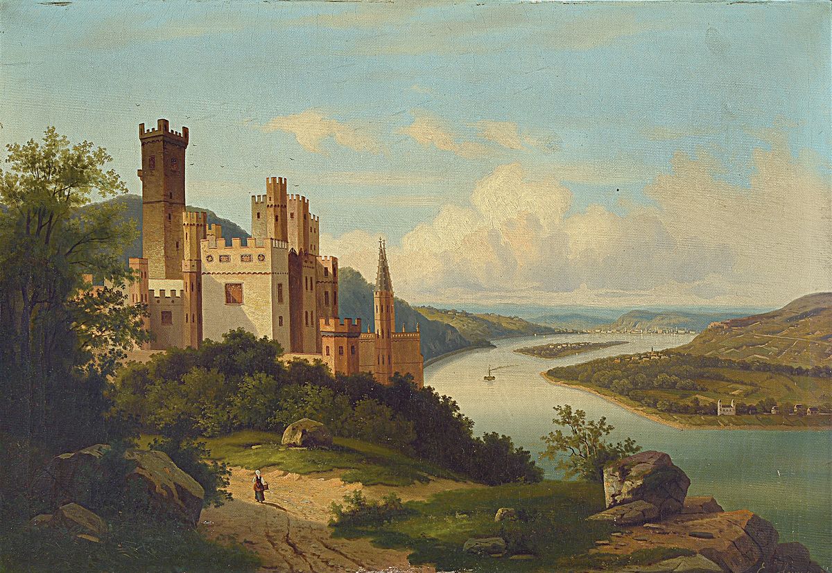 Eduard Hein jun., 1854-1918 Düsseldorf, Ansicht Schloss Stolzenfels nahe Koblenz, Öl/Lwd, rechts unten sign.: E. Hein jun Ddf, ca. 68x98cm, ...
