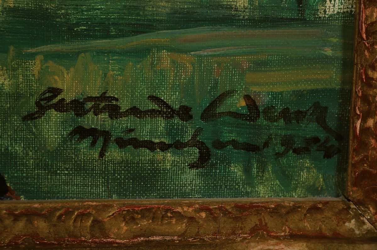 Detail a: Gertrude Wenk-Praun, Münchener Malerin, war tätig um 1910-1930, Junge Frau mit Blumenkorb, Öl/Lwd, rechts unten signiert: G. Wenk München 1924, ...