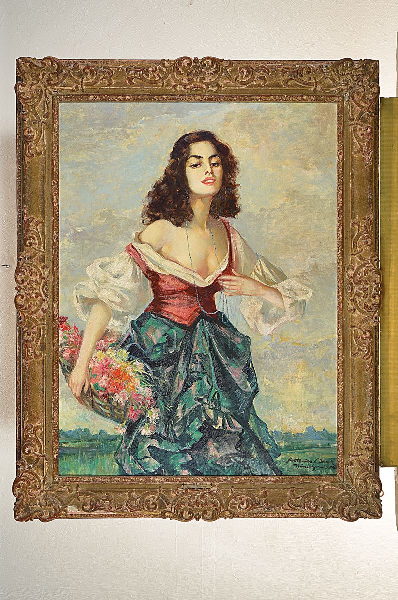 Detail k: Gertrude Wenk-Praun, Münchener Malerin, war tätig um 1910-1930, Junge Frau mit Blumenkorb, Öl/Lwd, rechts unten signiert: G. Wenk München 1924, ...