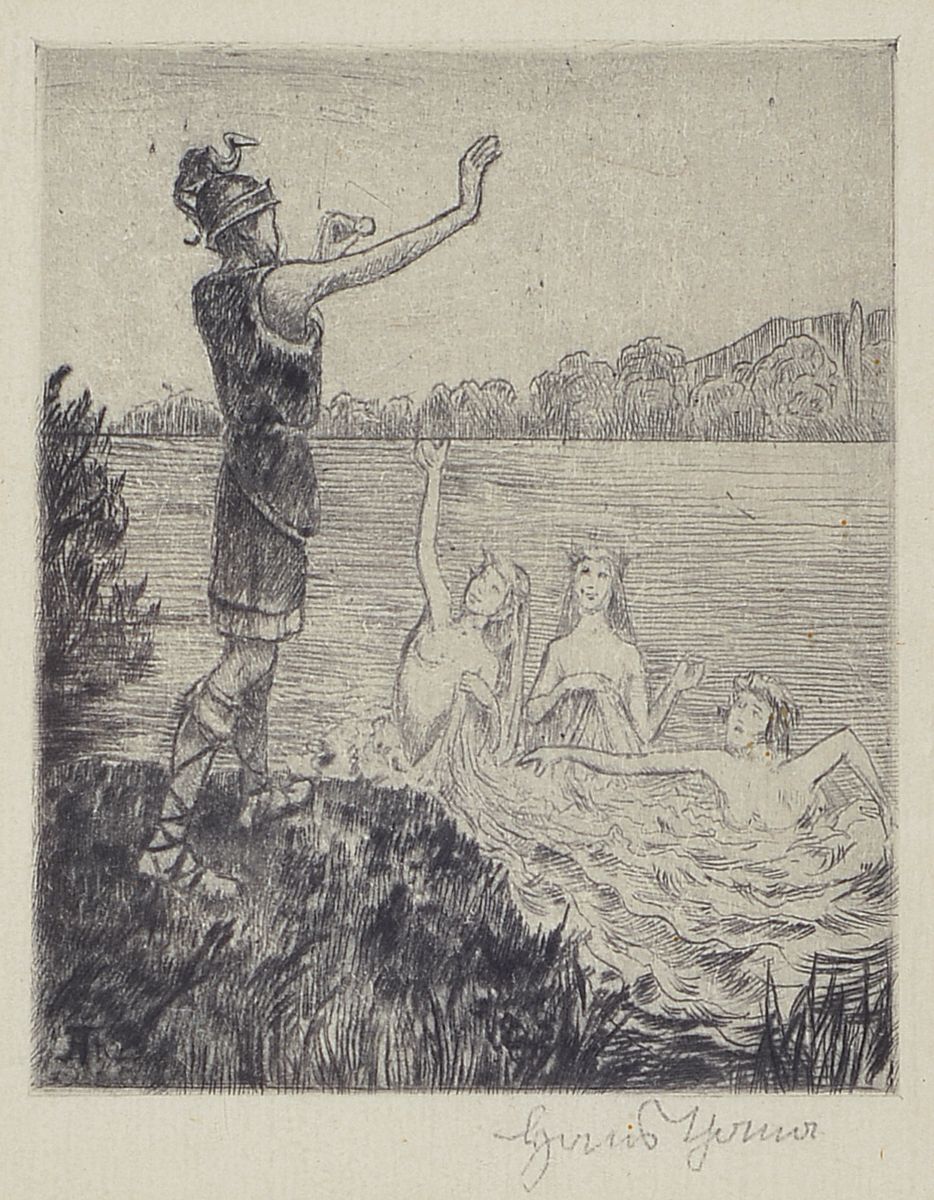 Hans Thoma, 1839 Bernau-1924 Karlsruhe, 4 Radierungen, Mädchen beim Essen, ca. 18x21cm, R. ca. 35x36cm; Frau im Wind, ca. 17x21cm, R. ca. 36x38cm; ...